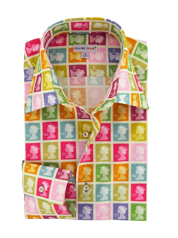 Men's fitted shirt with printed multicolored stamps