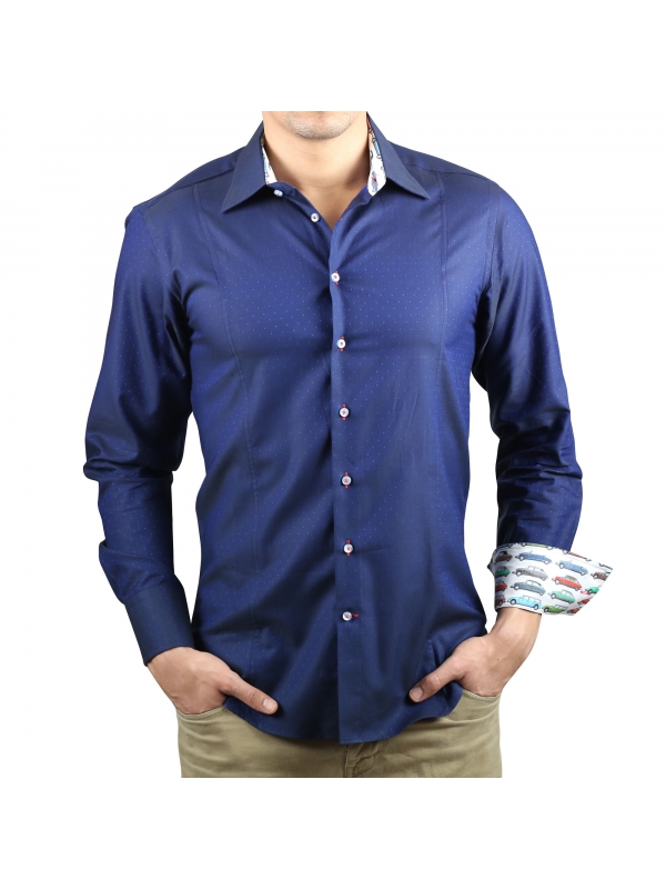 Men's slim cut navy shirt with micro blue dots ds1 opposition