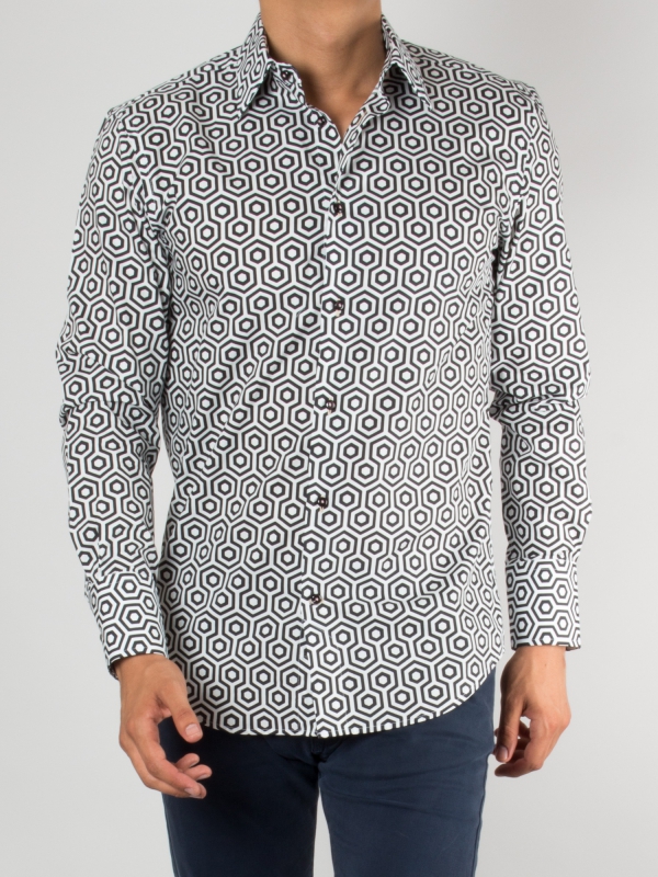 Chemise Homme H&M Motifs Géométriques - Taille L, 100% Coton, Coupe Slim, Manches Longues