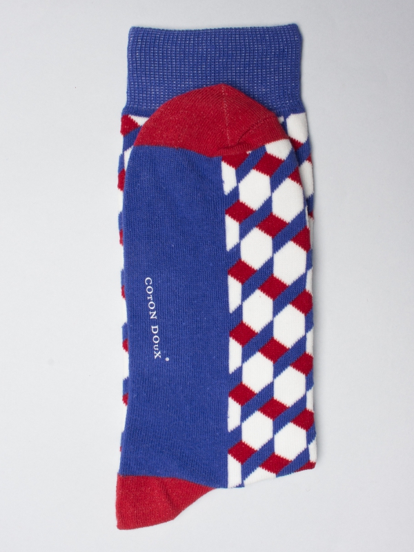 Socks with blue and red hexagon pattern